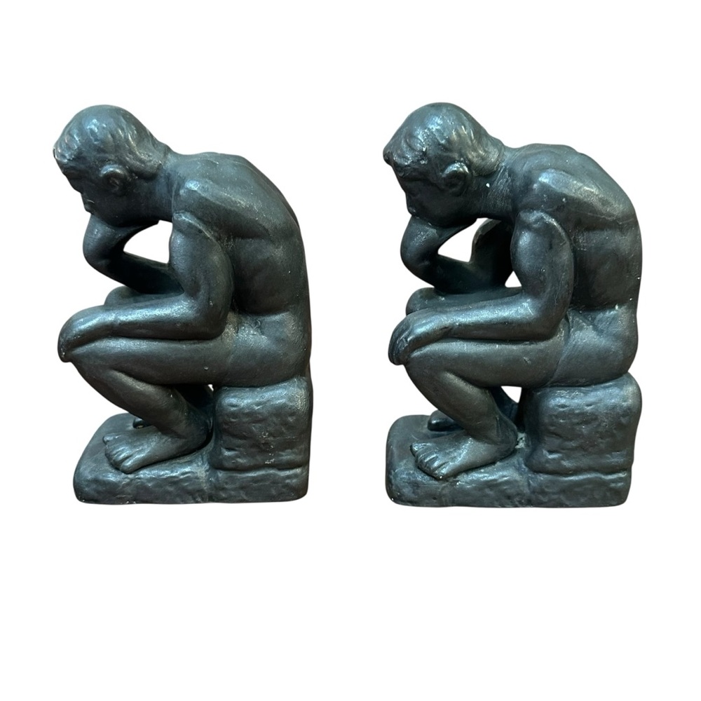 Vintage The Thinker Sculpture Set Ceramic Statue Figurine Book Ends Bookends - Picture 4 of 8